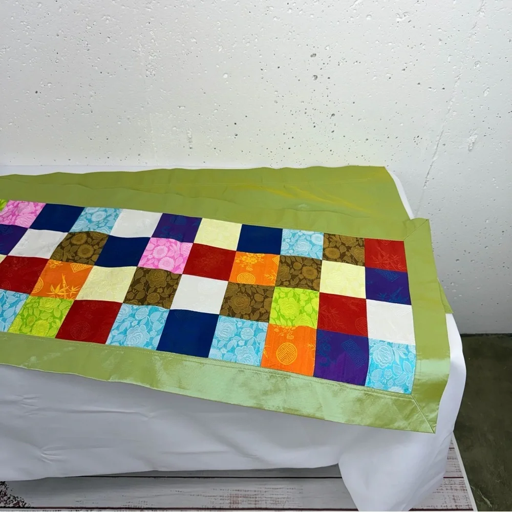 100% Silk Multi Colored Patchwork Chinese Table Cloth 16.7 x 75 Inches